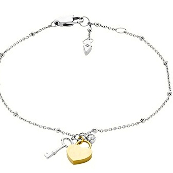 Fossil Archival Two-Tone Stainless Steel Heart Chain Bracelet + Fossil Jwlry Bag - Picture 2 of 6